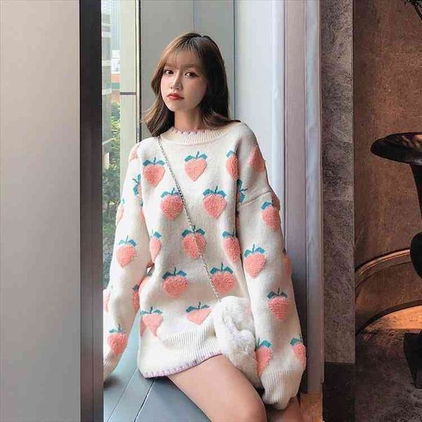

peach strawberry female college style women sweater loose outer wear autumn and winter thick inner fashion pullover, White;black