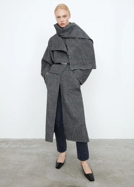 

women's wool & blends totem* long coat annec* series plaid silhouette side slit lapel for women big size arrival spring 2021, Black
