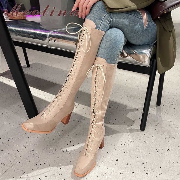 

meotina long boots women shoes square toe block heels knee high boots cross tied high heel boots female autumn winter apricot 40 210608, Black