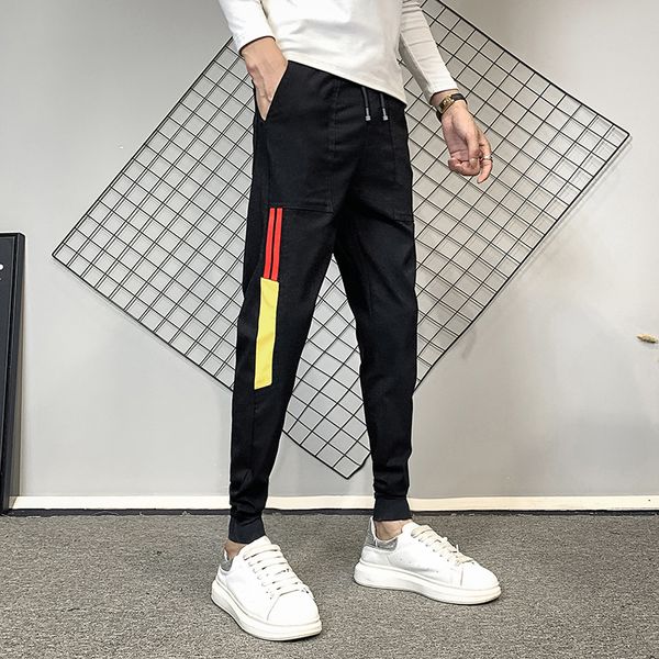 

thin korean male fit hare casual fashion 2021 simple fall side stripes mended hip hop joggers pants streetwear 36-28 4xf9, Black