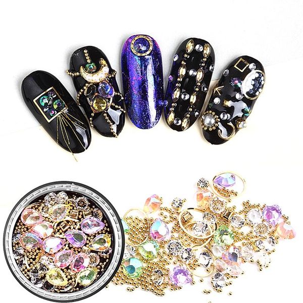 

1 box mixed 3d rhinestones nail art decorations crystal gems jewelry gold ab shiny stones charm glass manicure accessories, Silver;gold