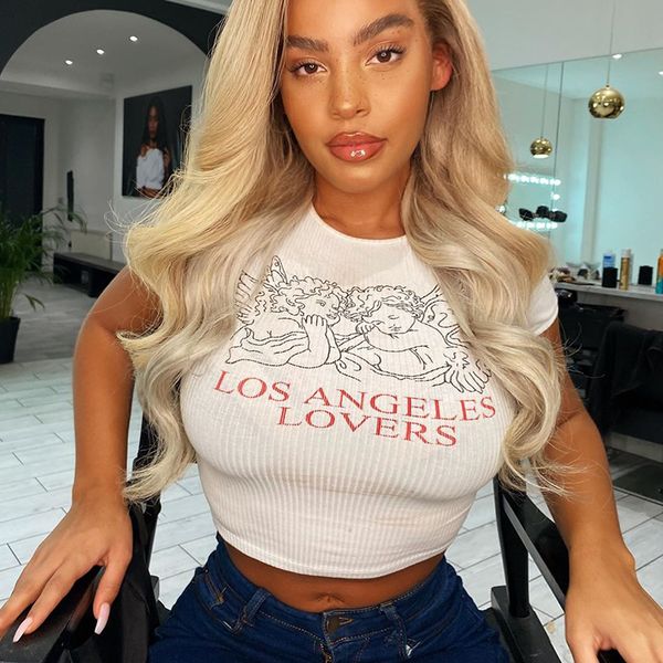 

letter print t-shirt round neck slim short sleeve ladies skinny angle print tee streetwear women cotton t shirt, White