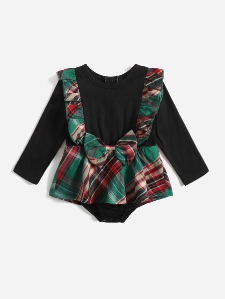 

baby 1pc tartan ruffle trim bow front combo bodysuit dress she, Red;yellow