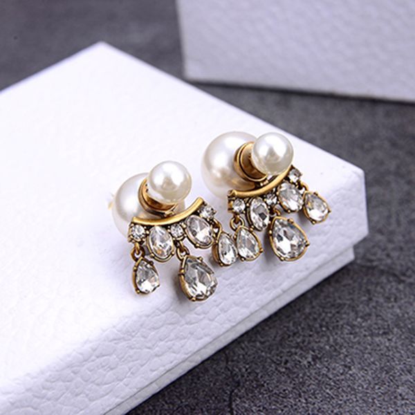 

women stud designer classic letter ancient gold pearl water drop earrings 925 silver needle l-d37, Golden;silver
