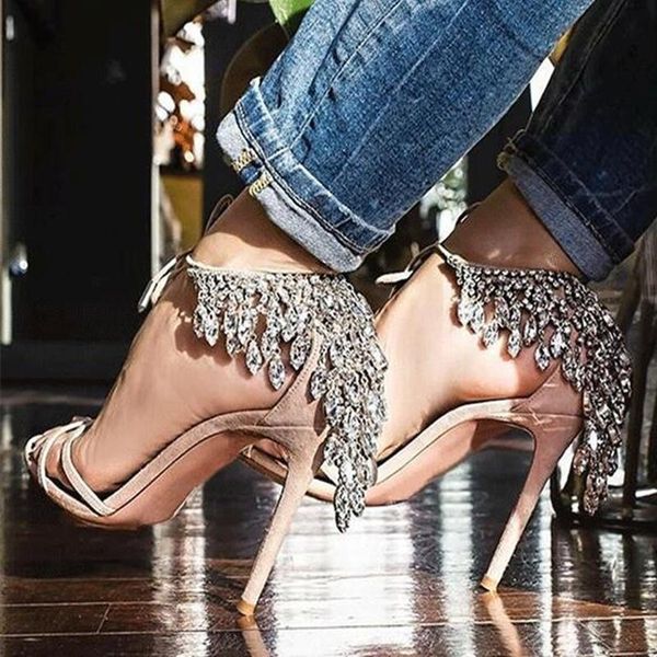

sandals luxury bling crystal fringe high heels nude suede lace-up wedding shoes rhinestone thin celebrating, Black