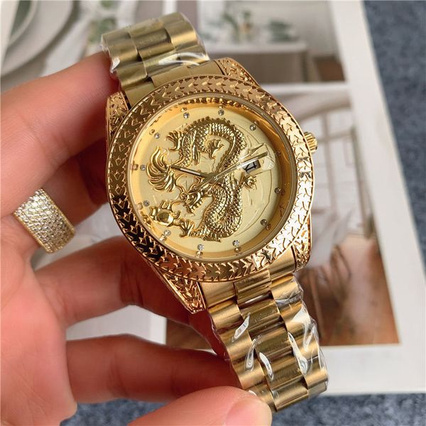 Mode topmerk horloges heren Chinese draak stijl metalen stalen band quartz polshorloge X145202k