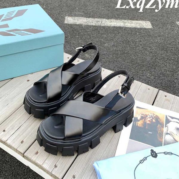 

luxury fashion platform women sandal summer buckle strap leather sandals thick sole mules peep party shoes sandals, Black