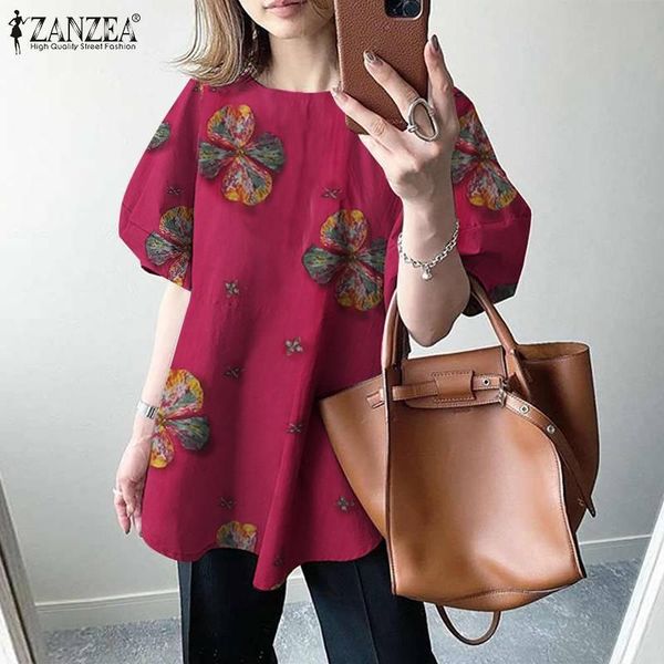 

women's blouses & shirts elegant print summer zanzea 2021 puff sleeve blusas femlae o neck tunic female floral chemise oversized, White