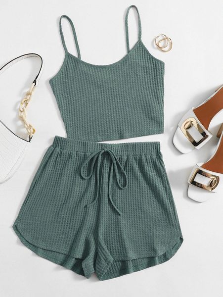 

waffle knit crop cami & knot waist shorts set 75ih#, White