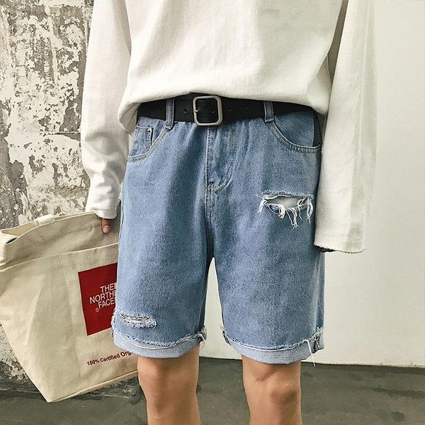 

men's jeans summer denim shorts version of the ins trend hole straight five-point pants wind wide-leg all-match casual short, Blue