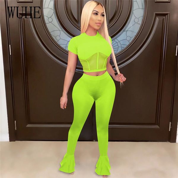 

wuhe two piece set women summer tracksuit sheer mesh patchwork short sleeve crop flare pants casual jogging matching sets, Gray