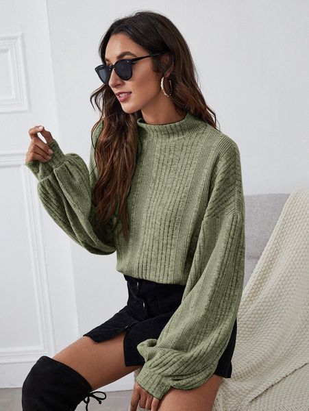 

funnel neck lantern sleeve rib-knit y2al#, White