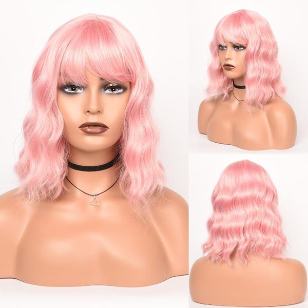 

synthetic wigs women short wavy natural for black white hair pink with bangs heat resistant cosplay wig