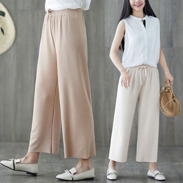 

women's pants & capris 2021 summer ice silk loose wide leg women knitted casual plus size color solid stretch female trousers lj2314, Black;white