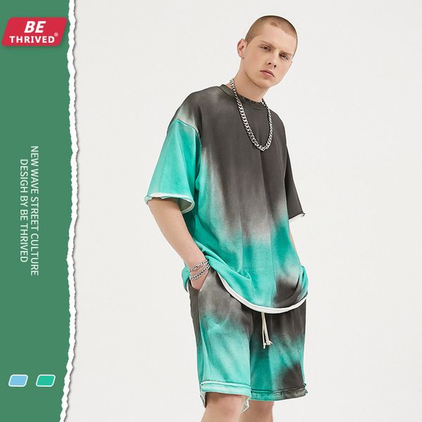 

be men's wear new spray dye contrast color drop shoulder loose short sve harajuku lazy high street fashion t-shirt in spring and summer, White;black