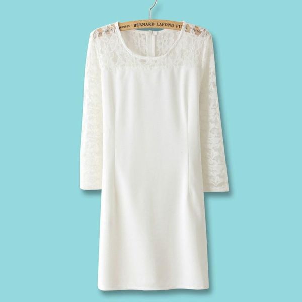 

casual dresses 2021 spring autumn women's lace stitching o-neck basic plus size long-sleeve dress female slim, Black;gray