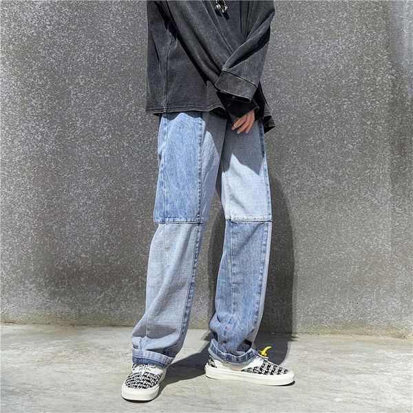 

men's jeans men wide leg loose patchwork straight baggy denim neutral trousers hip hop casual vintage all-match streetwear pant, Blue