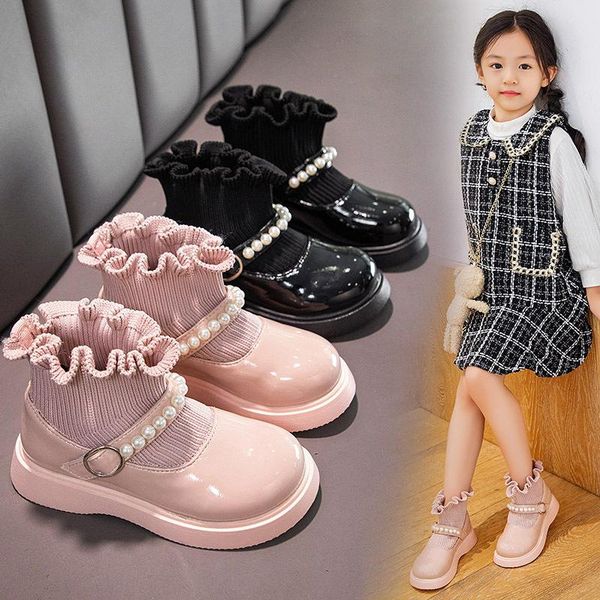 

boots autumn children girls fashion boot kids ankle black pink leather shoes non-slip 2 3 4 5 6 7 8 9 10t, Black;grey