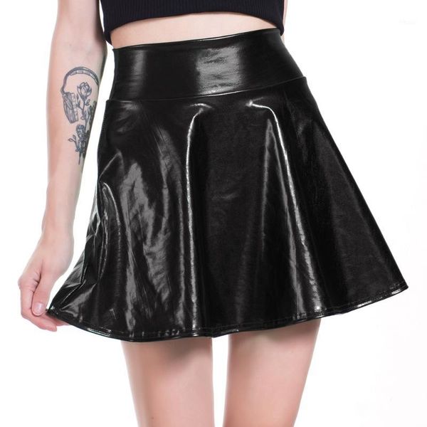 

skirts women casual flared pleated a-line skater skirt summer shiny liquid metallic holographic mini club disco1, Black