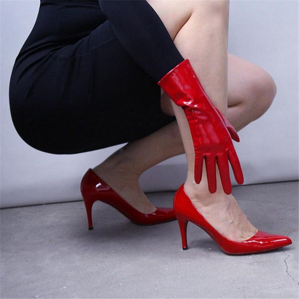 

fingerless gloves patent leather female bright red short style imitation genuine 28cm unlined cosplay woman mittens pu26, Blue;gray
