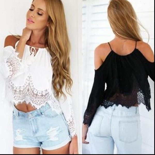 

lace splicing chiffon crop women summer beach off shoulder sling blouses shirt black white elegant ladies cropped