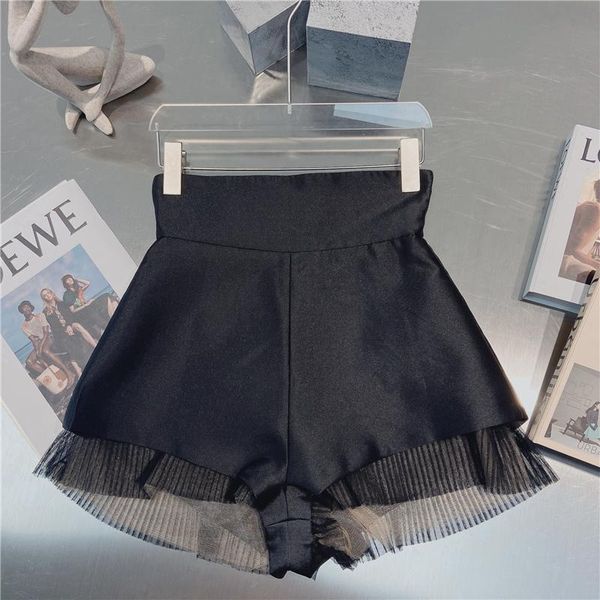 

women's shorts european summer french mesh splicing design sense temperament high waist thin wide-leg women fashion streetwear 2021, White;black