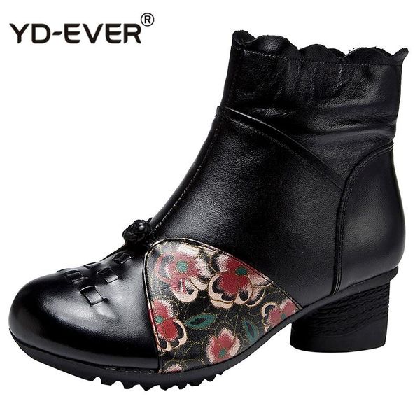 

boots cow leather ankle women shoes genuine winter soft flower comfortable warm high heel, Black