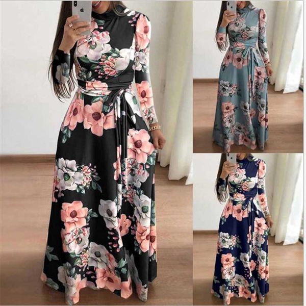 

plus size women's summer long super long dress casual long sleeve flower print dress casual high collar bandage vestidos 210706, Black;gray