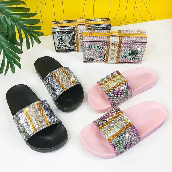 

women's dollar money rhinestone glitter crystal slippers slide footbed platform sandal, Black