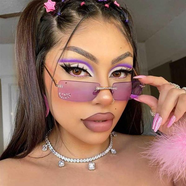 

sunglasses luxury small rectangle rhinestone ladies purple crystal color rimless female ocean lens, White;black