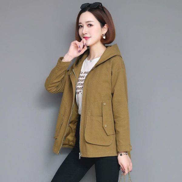 

women's trench coats windbreaker female autumn jacket loose hooded outerwear casual clothing long sleeve short jackets women, Tan;black