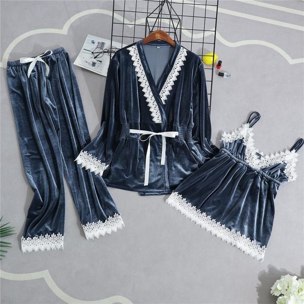 

velour woman home wear pajamas 3pc strap pants suit sleepwear sets nightgown kimono sleep robe bath gown nightdress, Black;red