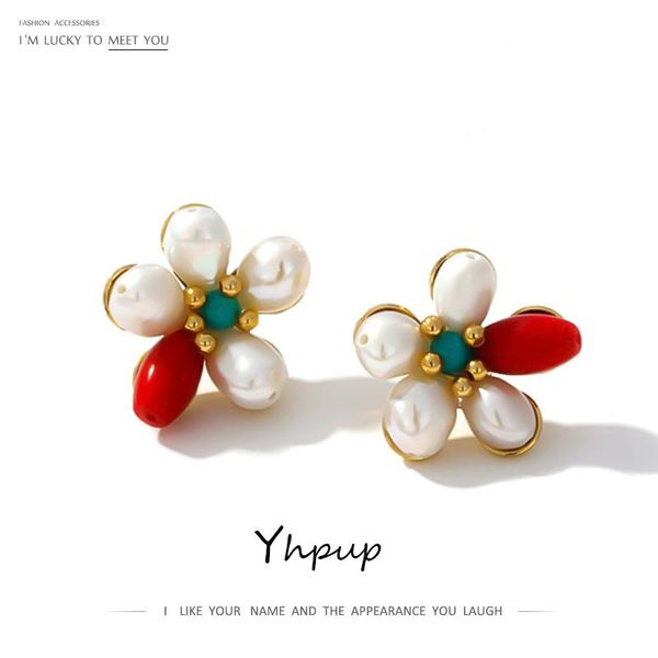 

stud yhpup sweet flower plant earrings natural pearls coral elegant vintage copper s925 post brincos for female party, Golden;silver
