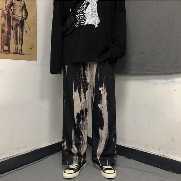 

men's pants korean ins trendy high street dark tie dyed casual loose straight tube wide leg mops summer thin style, Black