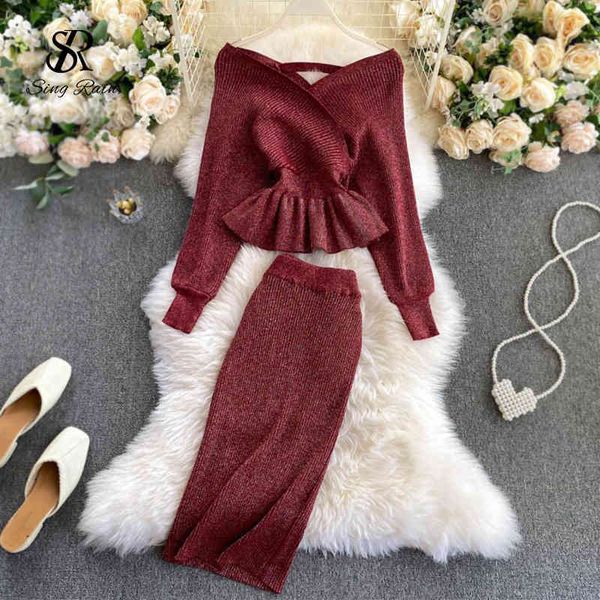 

two piece dress singrain autumn women shiny knitting skirts sets lurex ruffles long sleeve sweater +high waist bodycon skirt pieces set 2010, White
