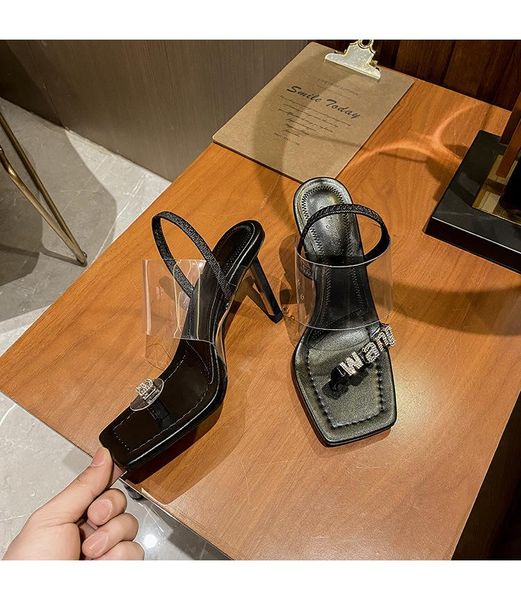 

sandals women's summer rhinestone letter clip toe one line with transparent high heels nightclub stiletto roman shoes, Black