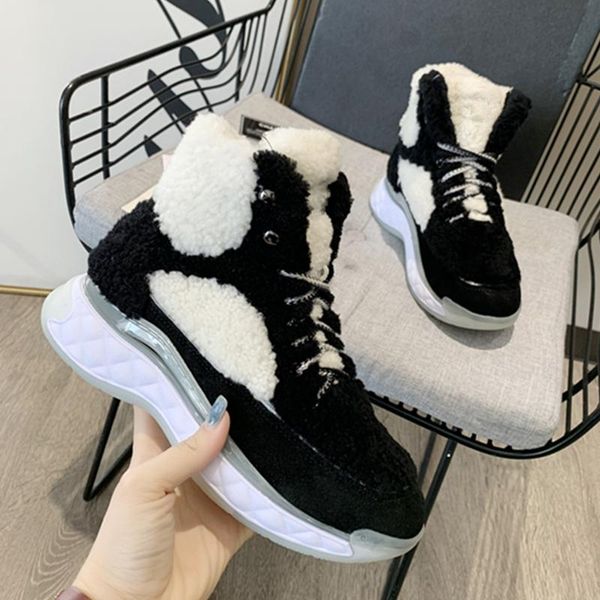 

boots mixed color women ankle fashion lamb wool short warm fur lace up combat winter snow shoes, Black