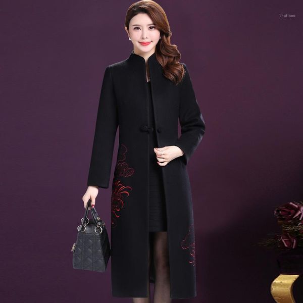 

women's wool & blends embroidery long jacket women autumn winter fashion plus size solid coat woolen overcoat female 5xl, Black