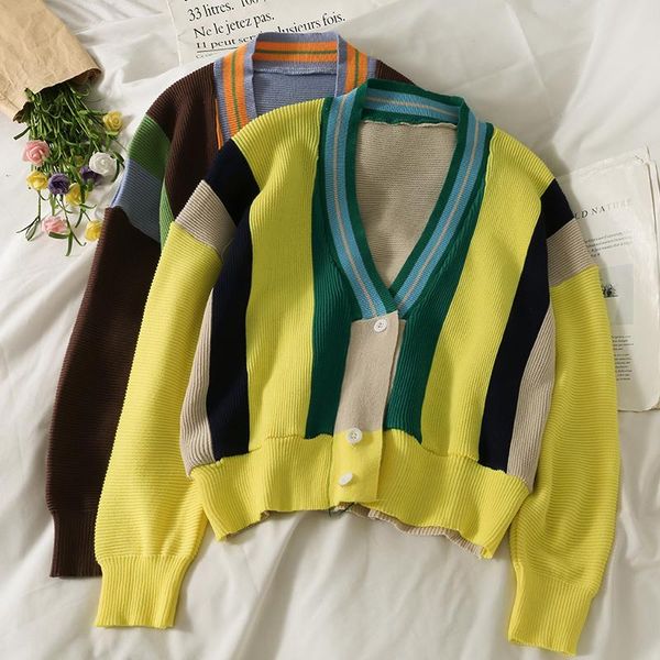 

women's knits & tees colorblock long sleeve sweaters women autumn basic patchwork knitted crop fashion v-neck preppy pullover 2021, White
