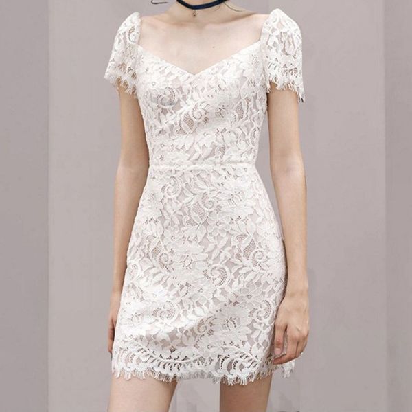 

strapless white dress v-neck padded stretchy back women summer off-shoulder fairy mini vestidos hollow lace dress 210525, Black;gray