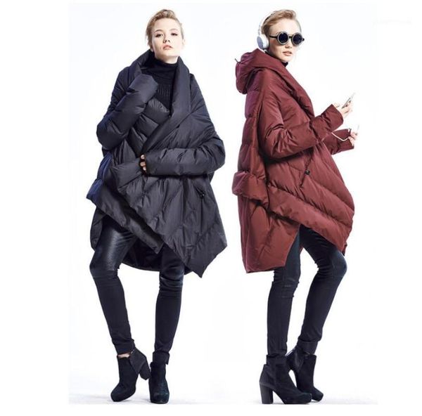 

winter fashion brand women's wear asymmetrical longer than the knee real duck down jacket cape style design warm parka & parkas, Black