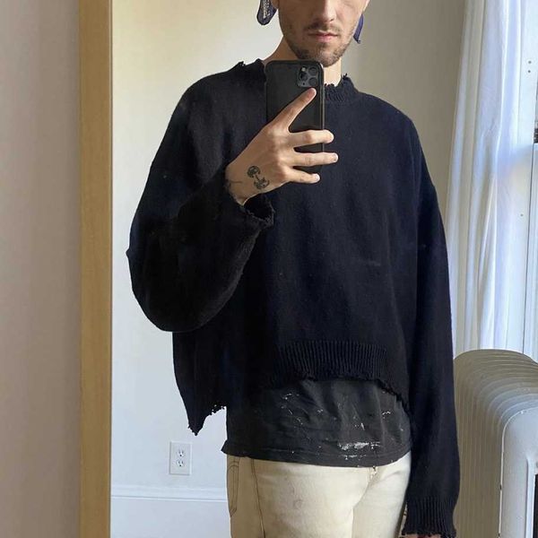 

men's sweaters autumn and winter bare knuckles short damaged wool kiko wind round neck sweater for lovers, White;black