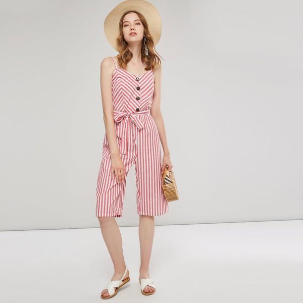 

women's jumpsuits & rompers women pink sweet fashion slim cotton blends thin wide legs stripe button, Black;white