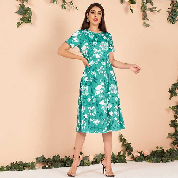 

casual dresses summer women green floral plant print elastic stretchable short sleeve round neck elegant sweet midi es jvvv, Black;gray