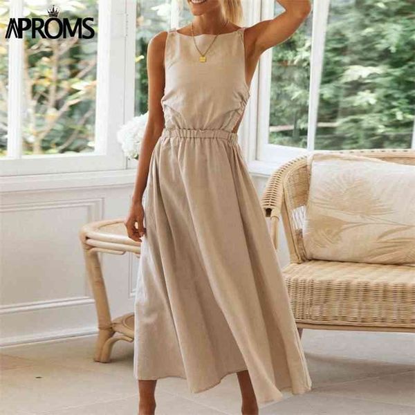 Aproms Elegante Baumwolle Leinen Midi Kleid Frauen Sommer Mode Sommerkleider Dame Casual Backless Crossover Grundlegende A-linie Kleider 210730