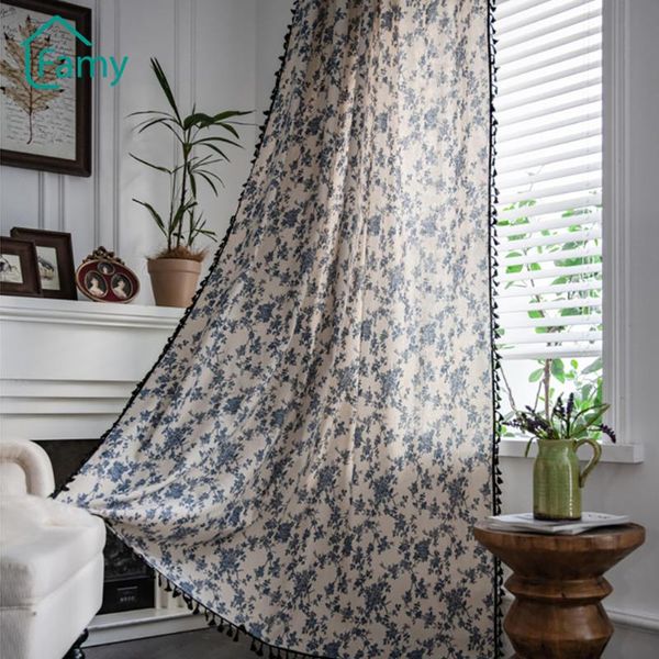

curtain & drapes boho blue floral semi-blackout bedroom curtains cotton linen window treatment for living dining room rod pocket /hooks