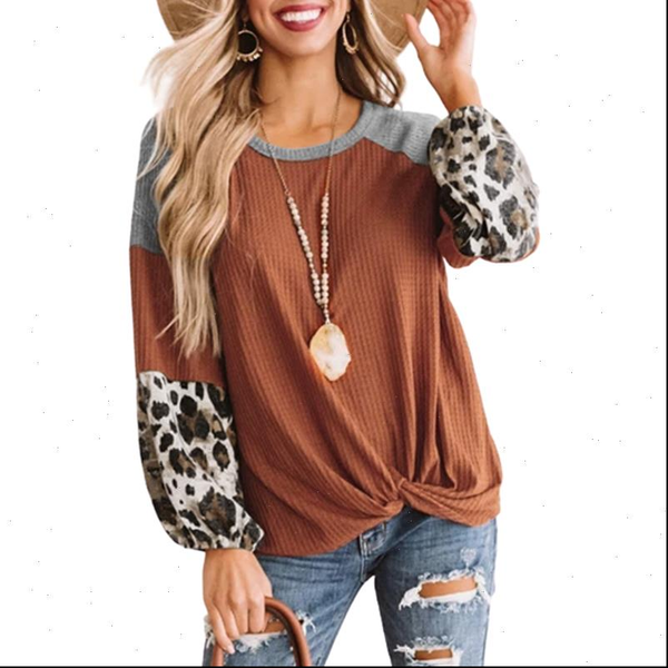 

bow twisted women leopard print cotton t shirts long patchworked sleeve womens casual t shirt 2021 new autumn clothings, White