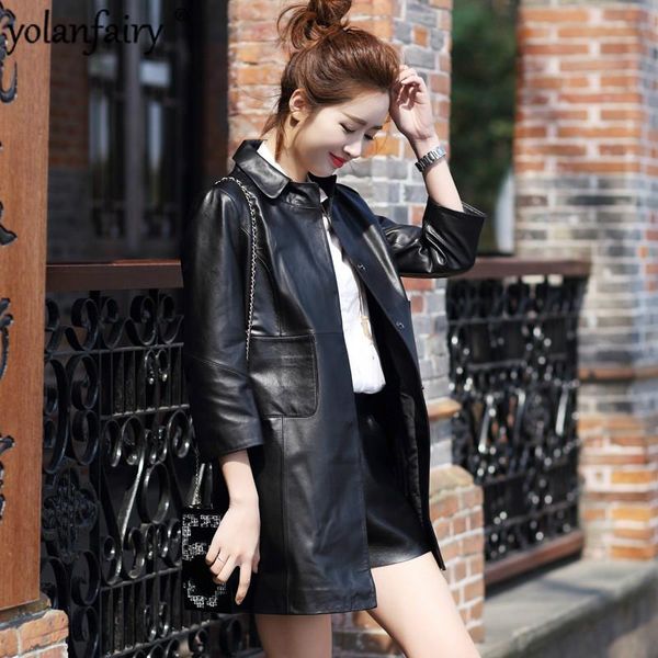 

women's leather & faux 2021 real jacket women elegant spring autumn trench coat slim chaqueta cuero mujer 1025 pph401, Black