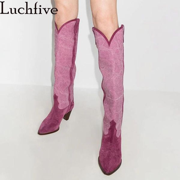 

boots suede the knee high for woman pointy toe heels long 2021 autumn winter t-show fashion week botas mujer, Black