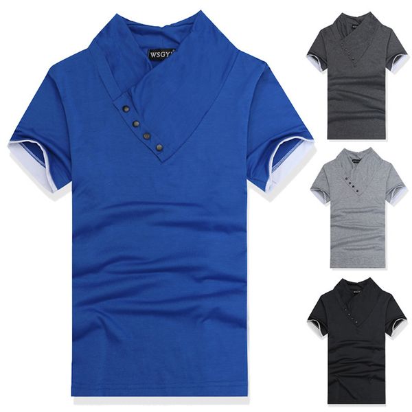 

ile summer new fashion versatile men's oblique button collar slim short sleeve t-shirt, White;black